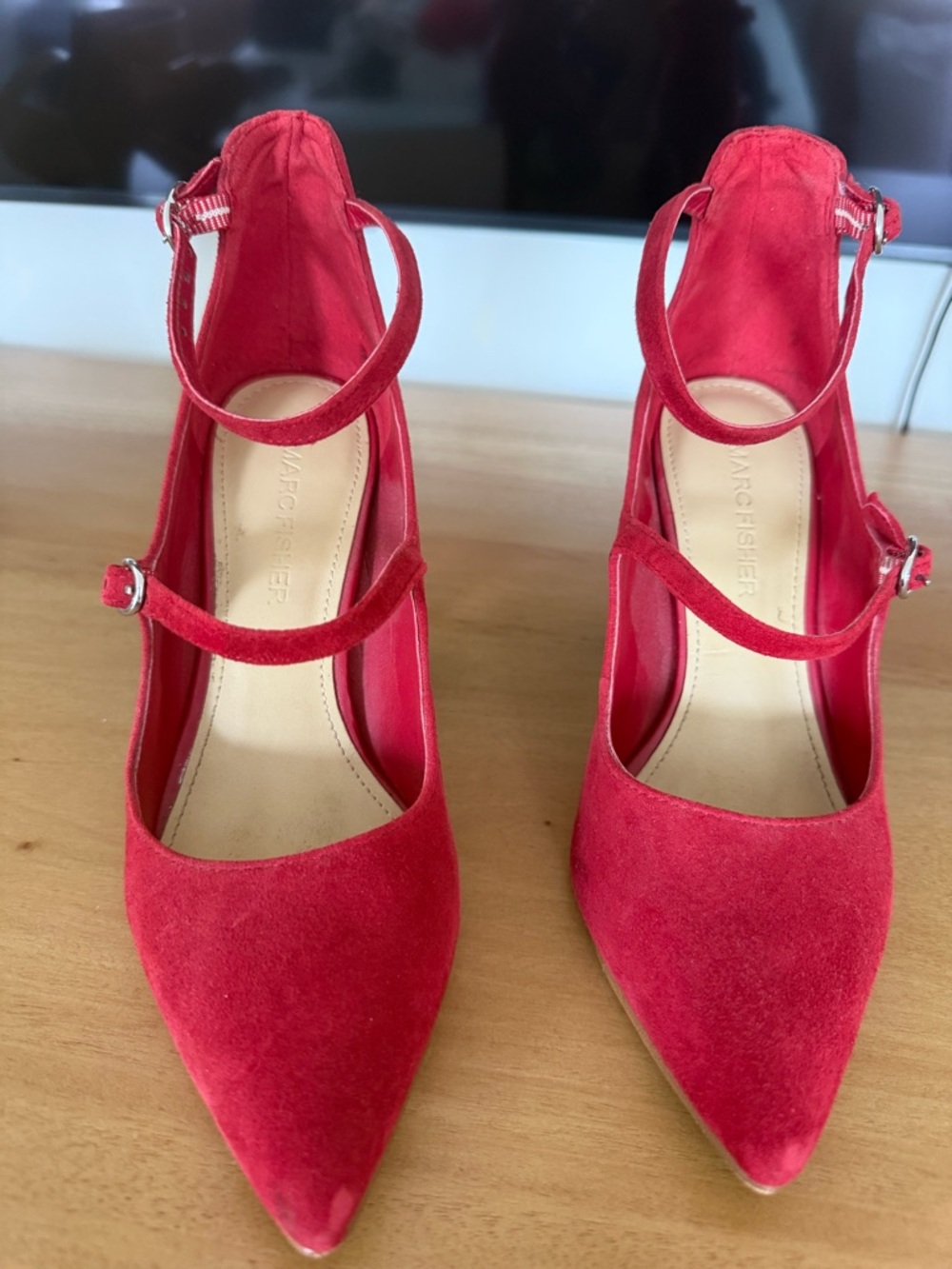 Marc Fisher Red Suede Pointed-Toe Double-Ankle Strap Heels